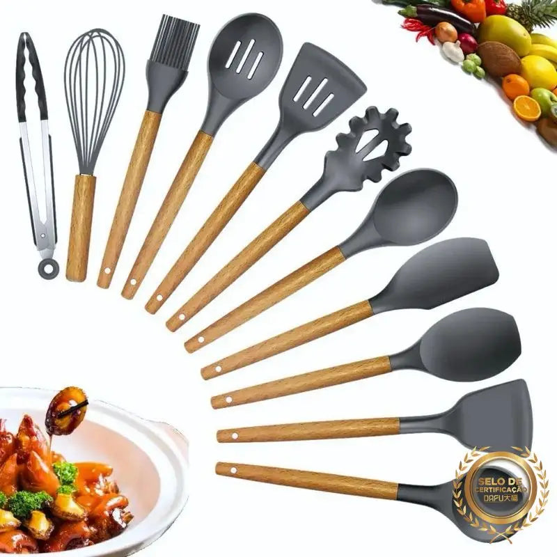 Jogo de Cozinha Kit C/12 Peças de Silicone, Utensílios e Copo Suporte para Cozinha Cabo de Madeira - Cores aleatórias