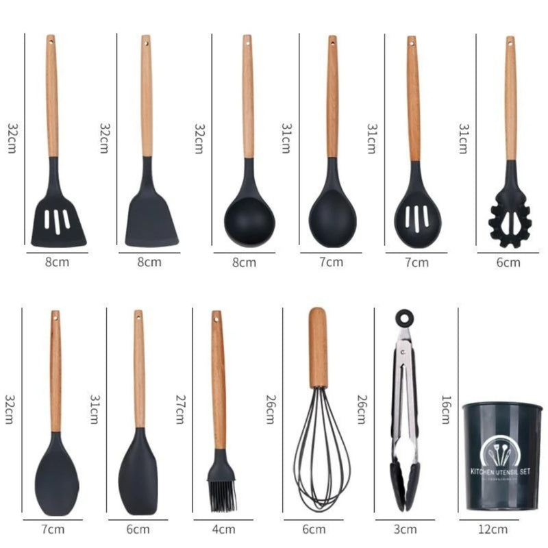 Jogo de Cozinha Kit C/12 Peças de Silicone, Utensílios e Copo Suporte para Cozinha Cabo de Madeira - Cores aleatórias