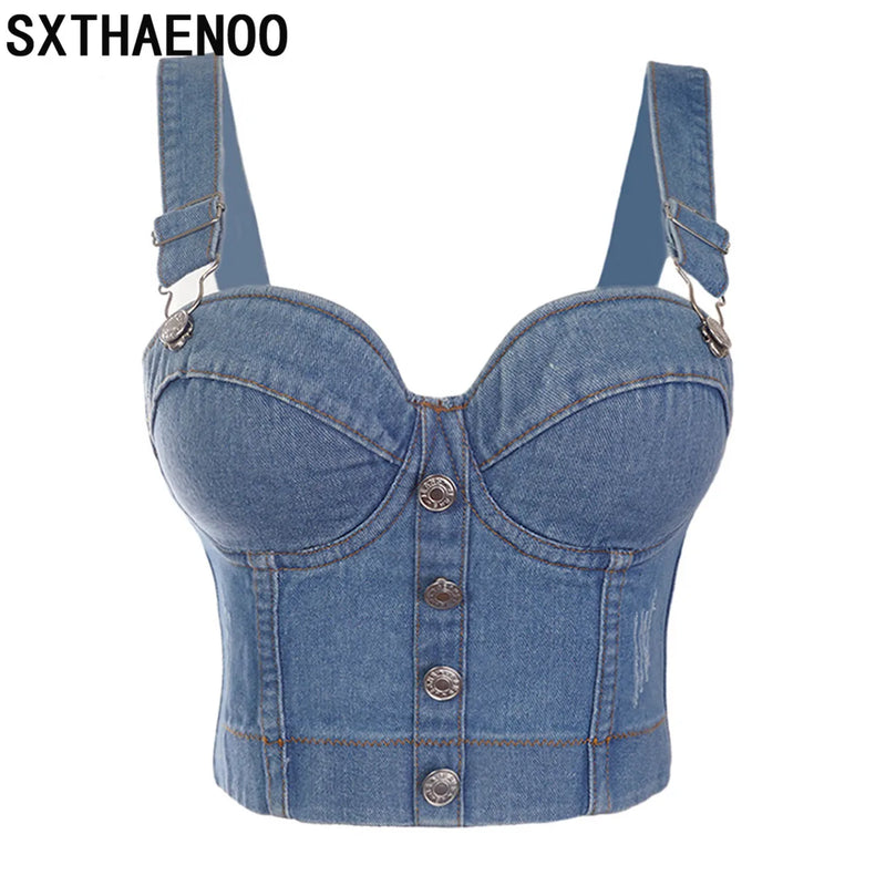 Cropped Jeans  SXTHAENOO  -  Sexy, Blue Jeans, pespontado e com botões - Estilo Marcante, um bustiê para se destacar em Festas Noturnas, Clubes, viagens e passeios - Um "prêt à porter" que confere exclusividade