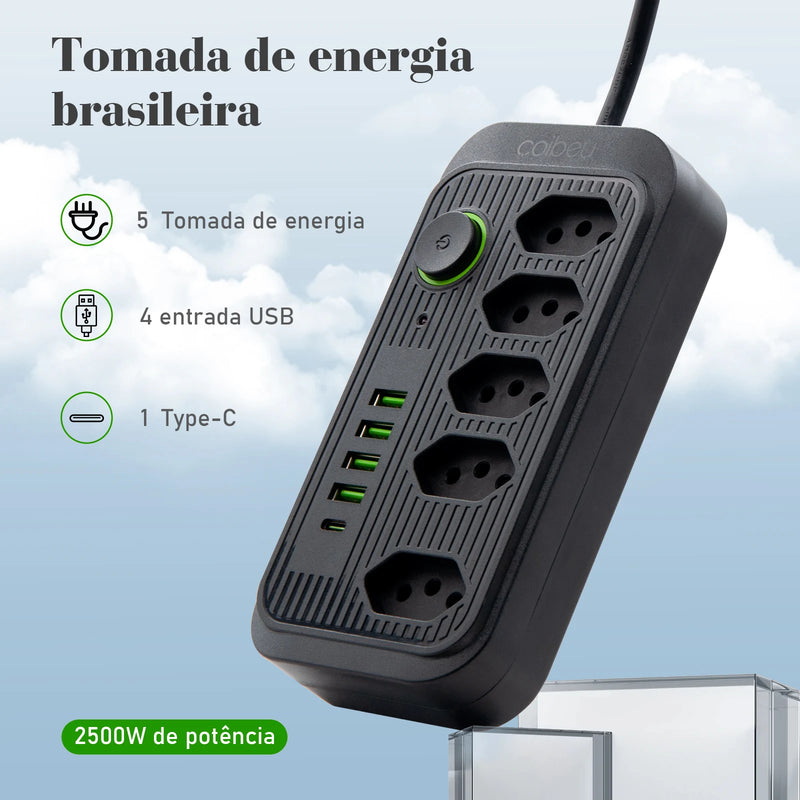 Tomada com Filtro de Linha e Extensão Elétrica USB 100-220V 10A Plugues BR e USB - fio 2M