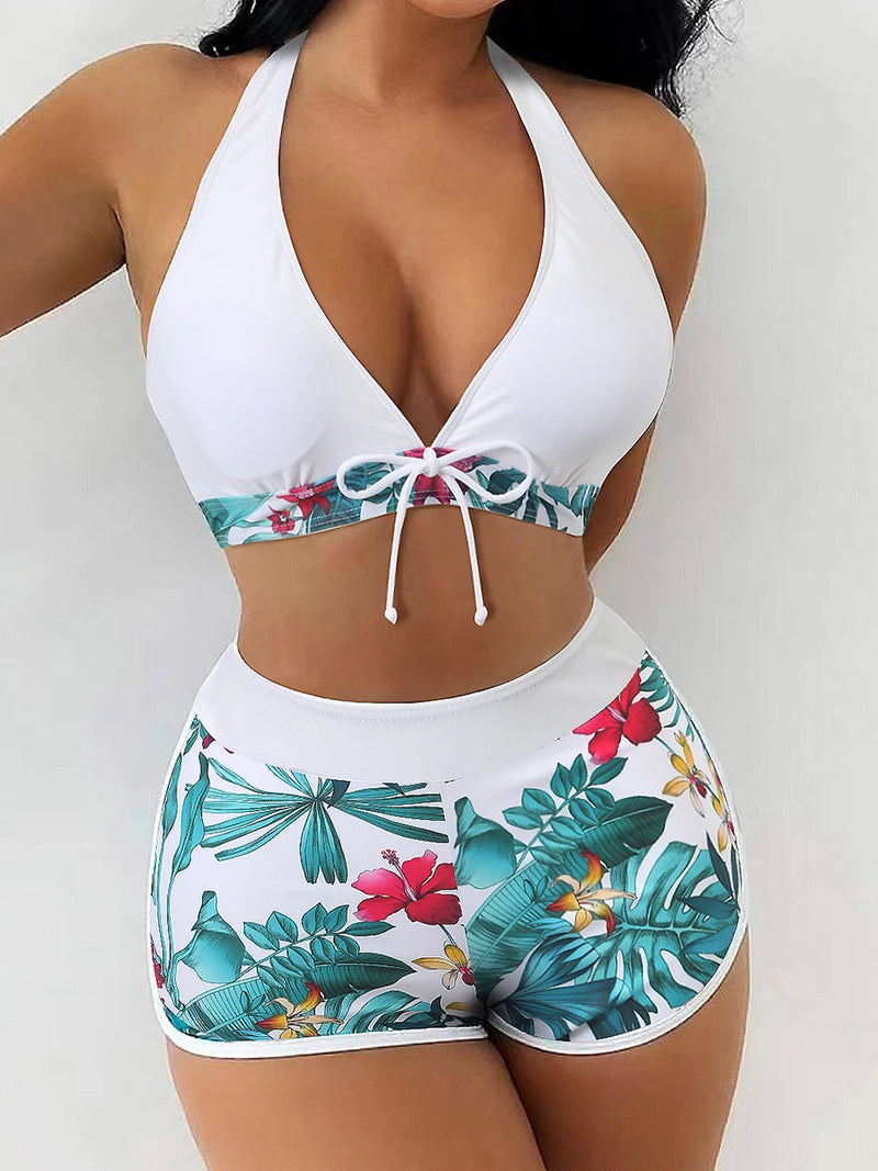 Conjunto de biquíni feminino de cintura alta, biquíni dividido sexy, ângulo plano com cordões, moda praia com estampa sólida, moda praia verão, novo  - Halter biquinis 2024