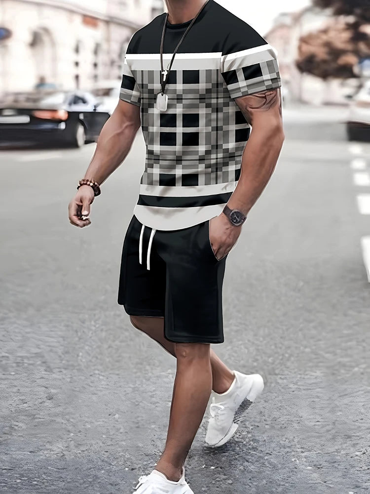 Conjunto de verão para homens, confortável e casual com mangas curtas e estampas - Estilo e classe para passear, tendência esportiva.