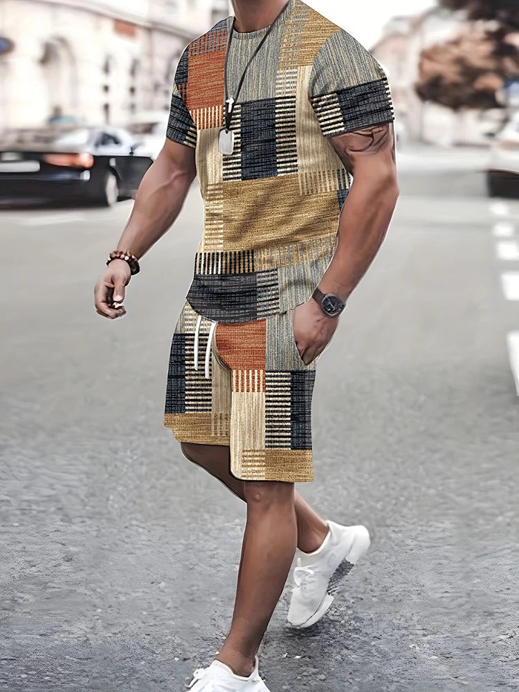 Conjunto de verão para homens, confortável e casual com mangas curtas e estampas - Estilo e classe para passear, tendência esportiva.