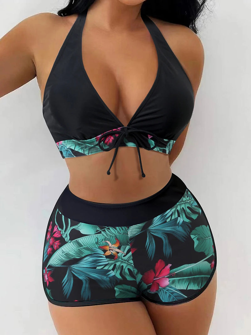 Conjunto de biquíni feminino de cintura alta, biquíni dividido sexy, ângulo plano com cordões, moda praia com estampa sólida, moda praia verão, novo  - Halter biquinis 2024