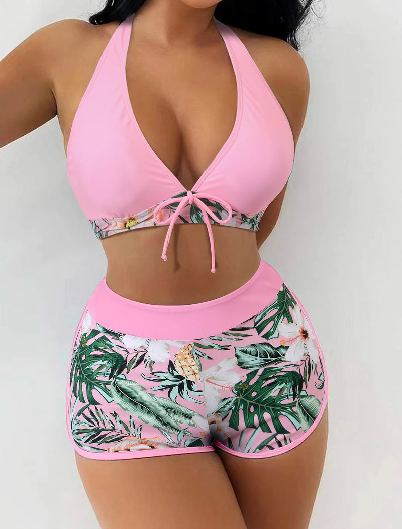 Conjunto de biquíni feminino de cintura alta, biquíni dividido sexy, ângulo plano com cordões, moda praia com estampa sólida, moda praia verão, novo  - Halter biquinis 2024