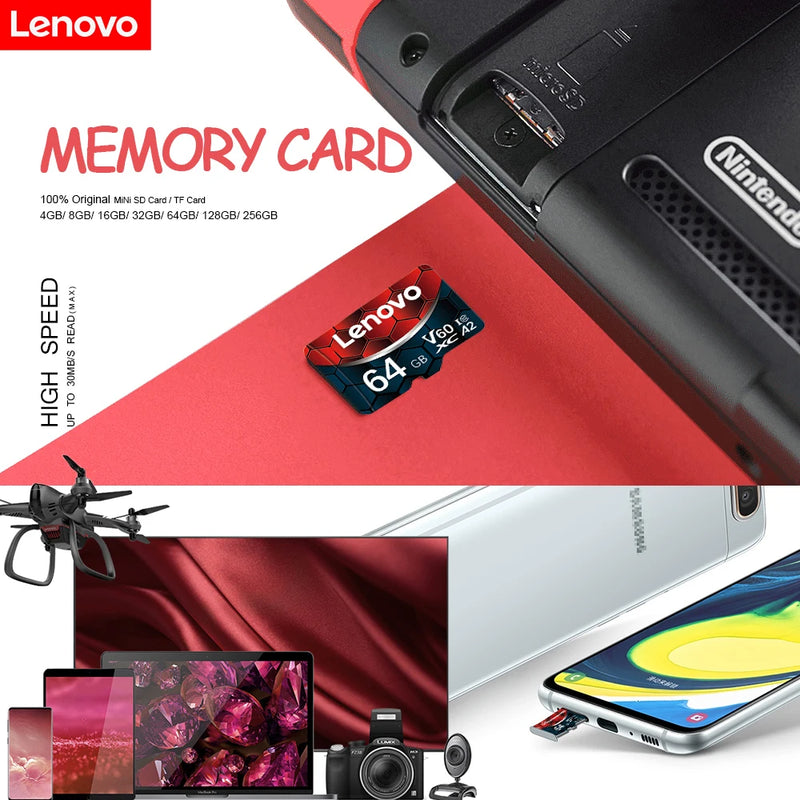 Lenovo - Cartão Micro SD para Nintendo Switch, Mini Cartões SD, Cartão de Memória de Alta Velocidade, UHS-1 TF Flash Card, 2TB, 1TB, 128GB, 256GB, V60