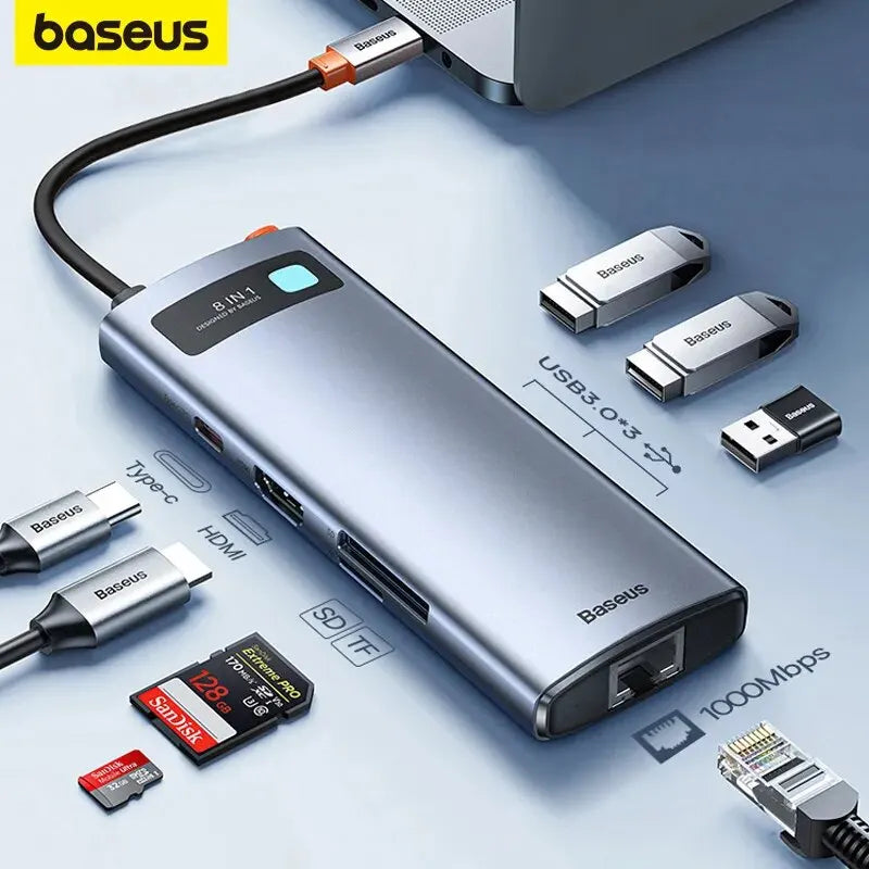 Baseus - Adaptador 8 em 1 HDMI 4k - O Gadget definitivo, Transferência estável em alta velocidade para TVs, Câmeras, Tablets, Desktops, PC Gamers, Notebooks e Celulares de última Geração.